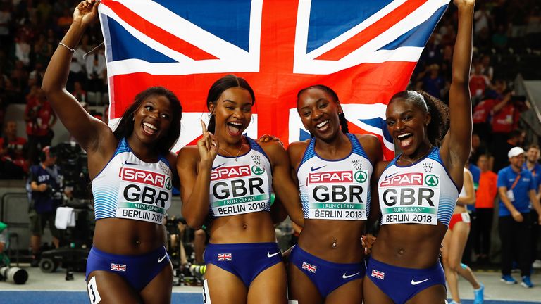 Great Britain's Asha Philip (left), Imani Lansiquot, Bianca Williams (second right), and Dina Asher-Smith (right) celebrate winning the gold medal in the women's 4x100m relay final during day six of the 2018 European Athletics Championships at the Olympic Stadium, Berlin