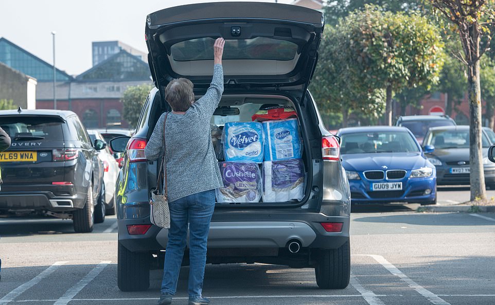 This shopper's car was packed with loo roll as she prepared to depart the Costco store in Leeds this morning