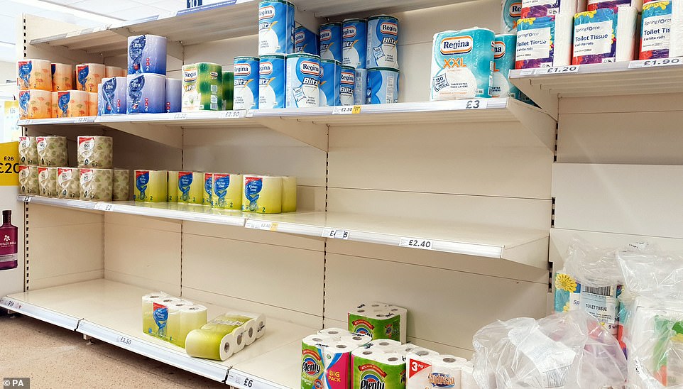 The toilet roll shelves at a supermarket in Ashford, Kent, was